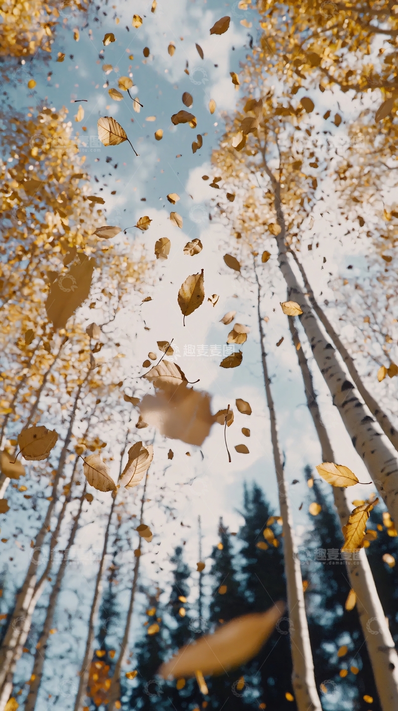 高清大图下载【趣麦麦图】秋叶飞舞森林仰视