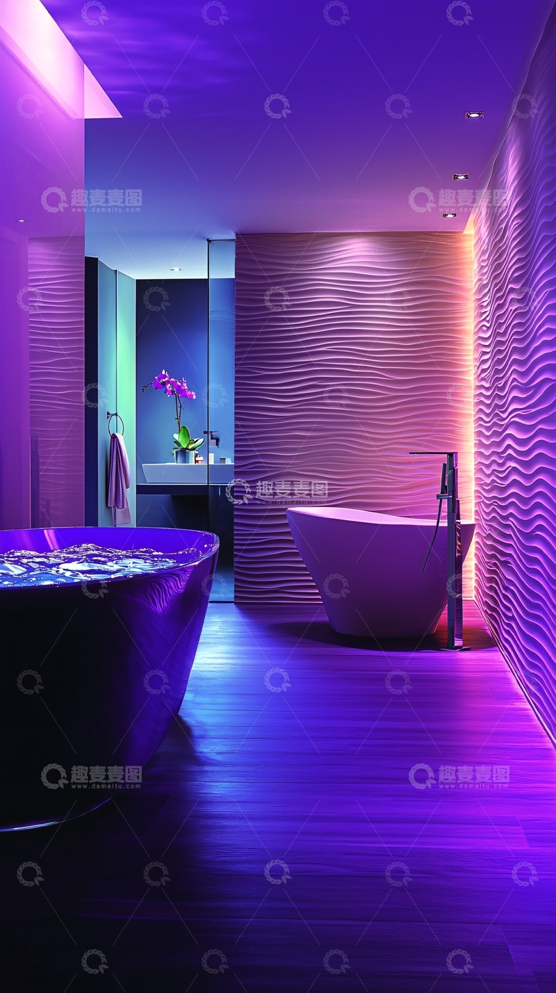 高清大图下载【趣麦麦图】紫色灯光下的豪华浴室