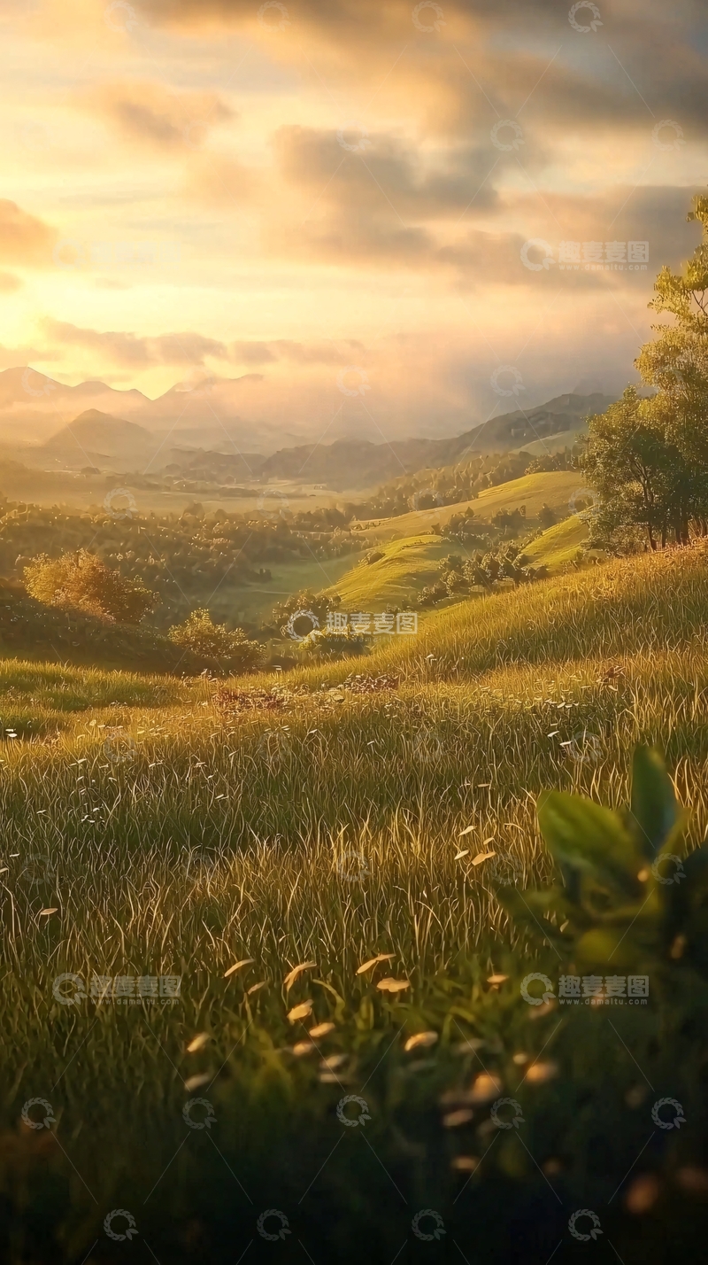 高清大图下载【趣麦麦图】夕阳下的山谷草原风景
