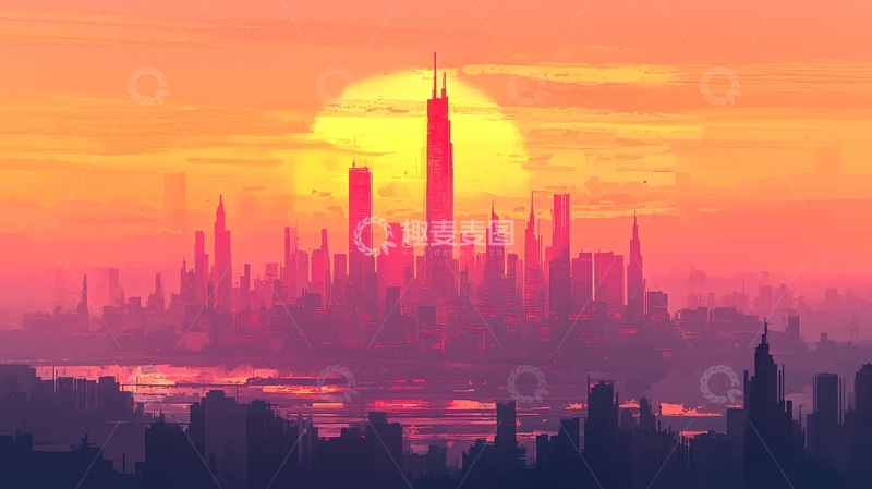 高清大图下载【趣麦麦图】日落城市剪影