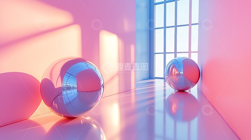 高清大图下载【趣麦麦图】粉色房间里的金属球