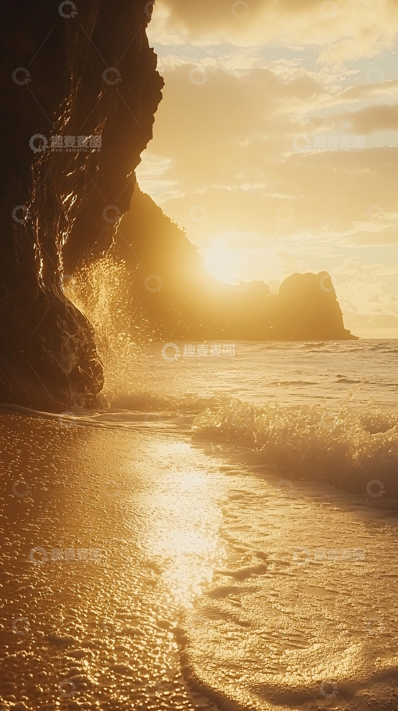 高清大图下载【趣麦麦图】日落海滩岩石浪花
