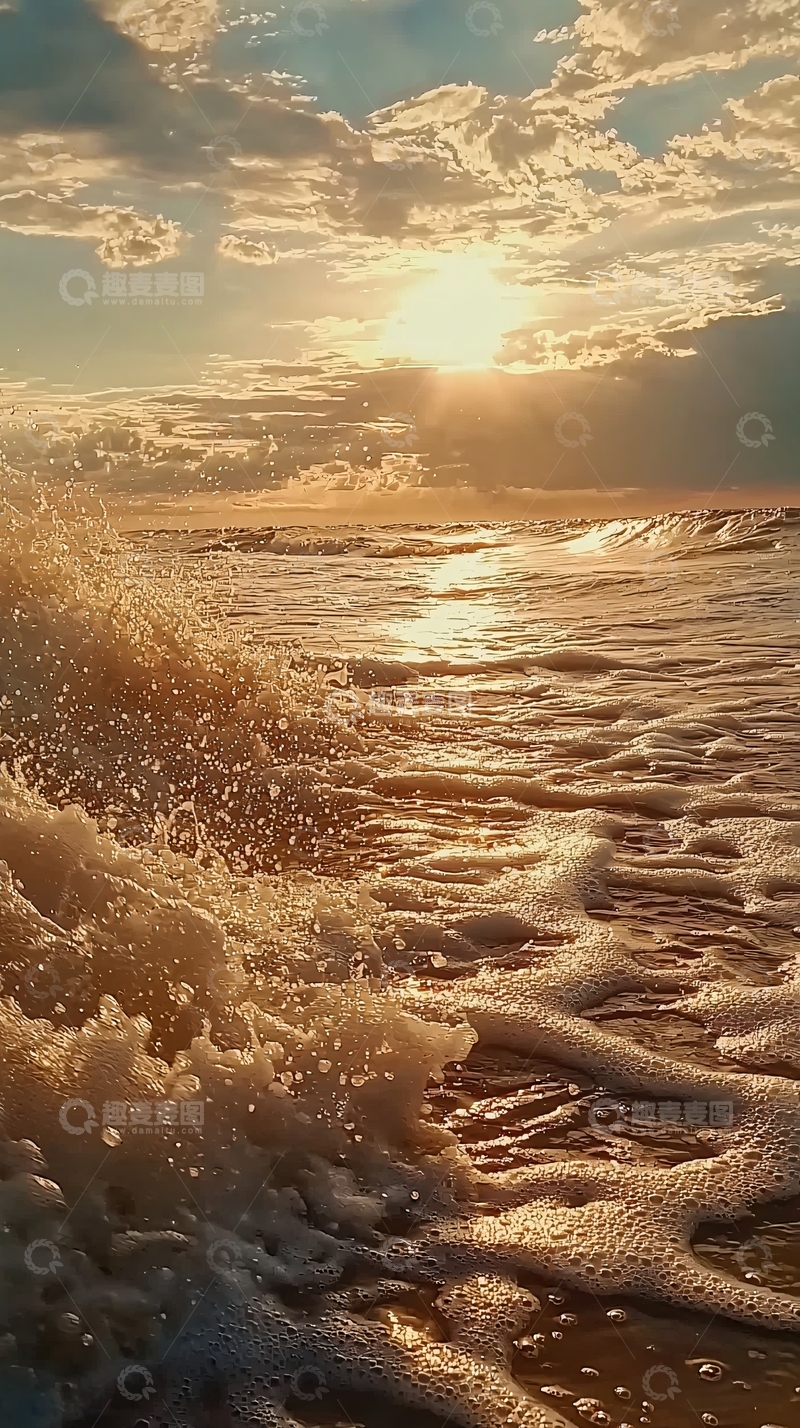 高清大图下载【趣麦麦图】海浪拍打沙滩日出