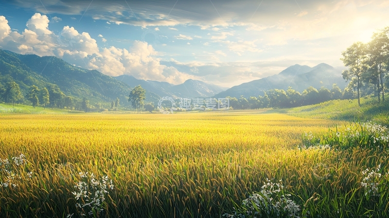 高清大图下载【趣麦麦图】金黄稻田环绕着山脉
