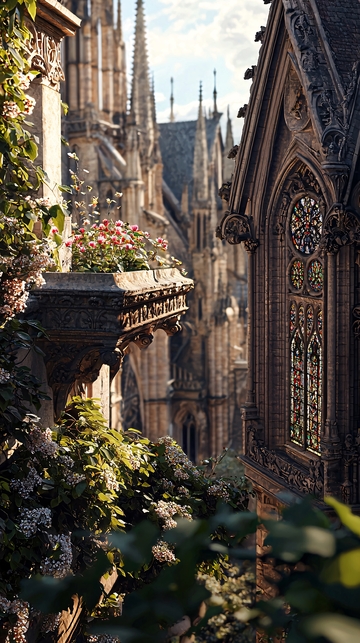 哥特式建筑阳台花卉