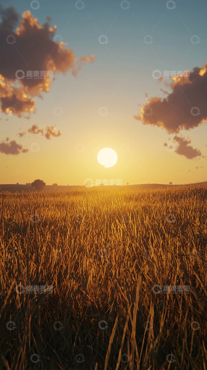 高清大图下载【趣麦麦图】夕阳西下麦田景色