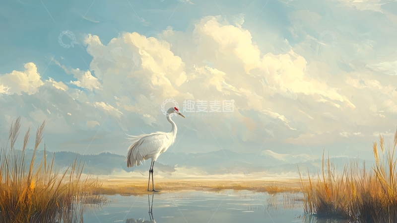 高清大图下载【趣麦麦图】丹顶鹤湿地风景画