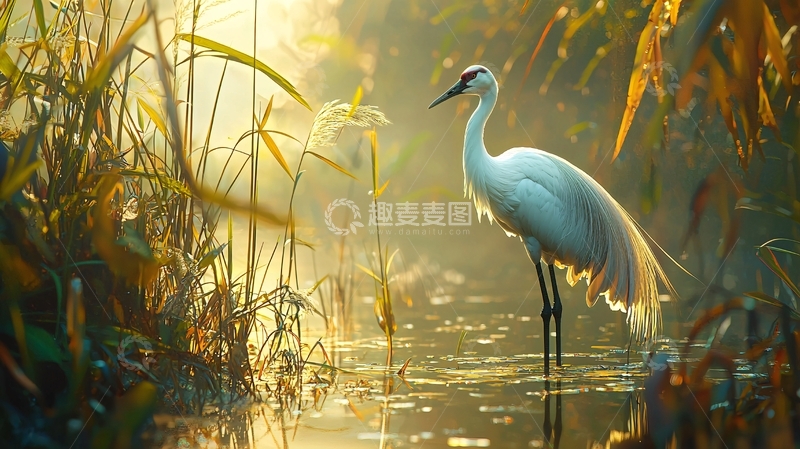 高清大图下载【趣麦麦图】清晨湿地白鹤