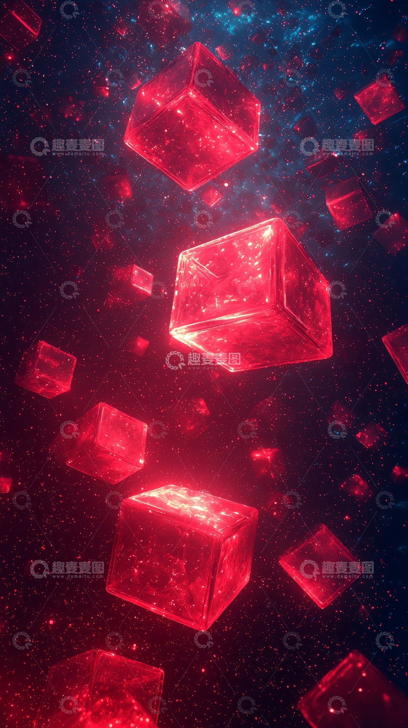 高清大图下载【趣麦麦图】红色发光立方体漂浮