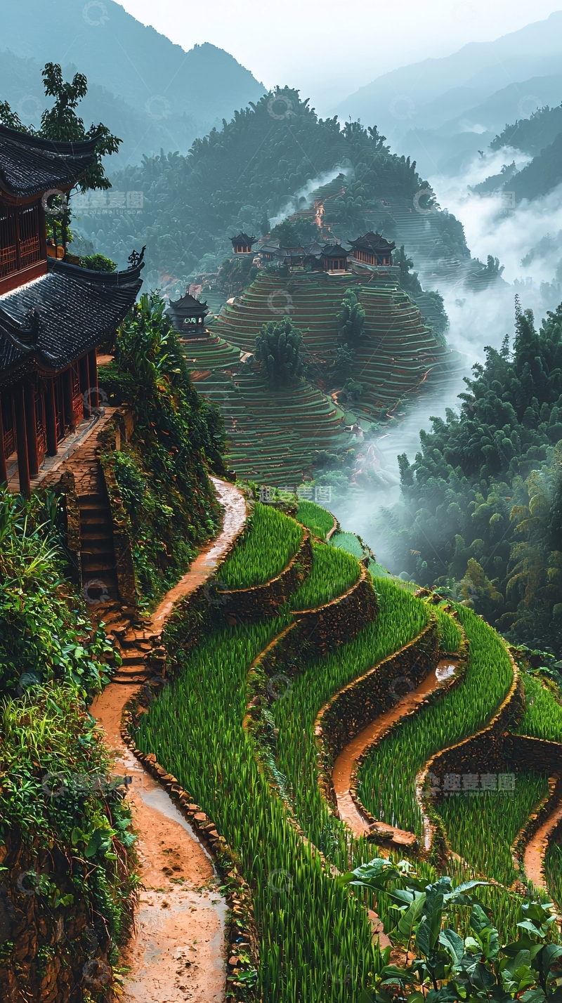 高清大图下载【趣麦麦图】中国梯田山水雾气建筑