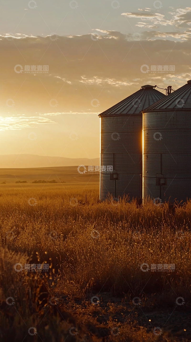高清大图下载【趣麦麦图】日落下的粮仓和麦田
