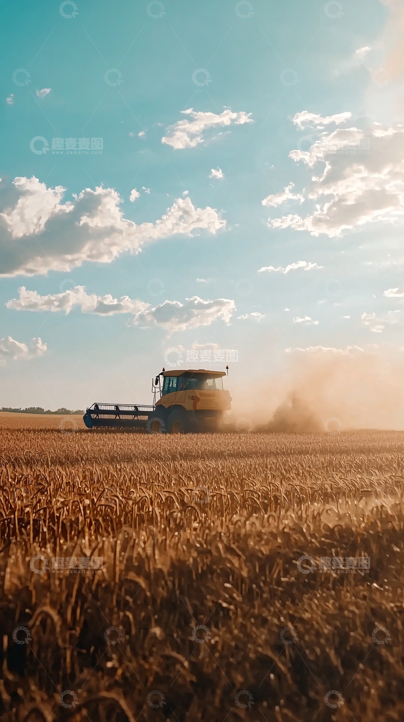 高清大图下载【趣麦麦图】收割机在金黄麦田作业