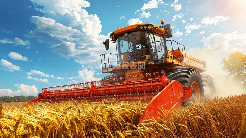 高清大图下载【趣麦麦图】收获季节金色麦田大型收割机