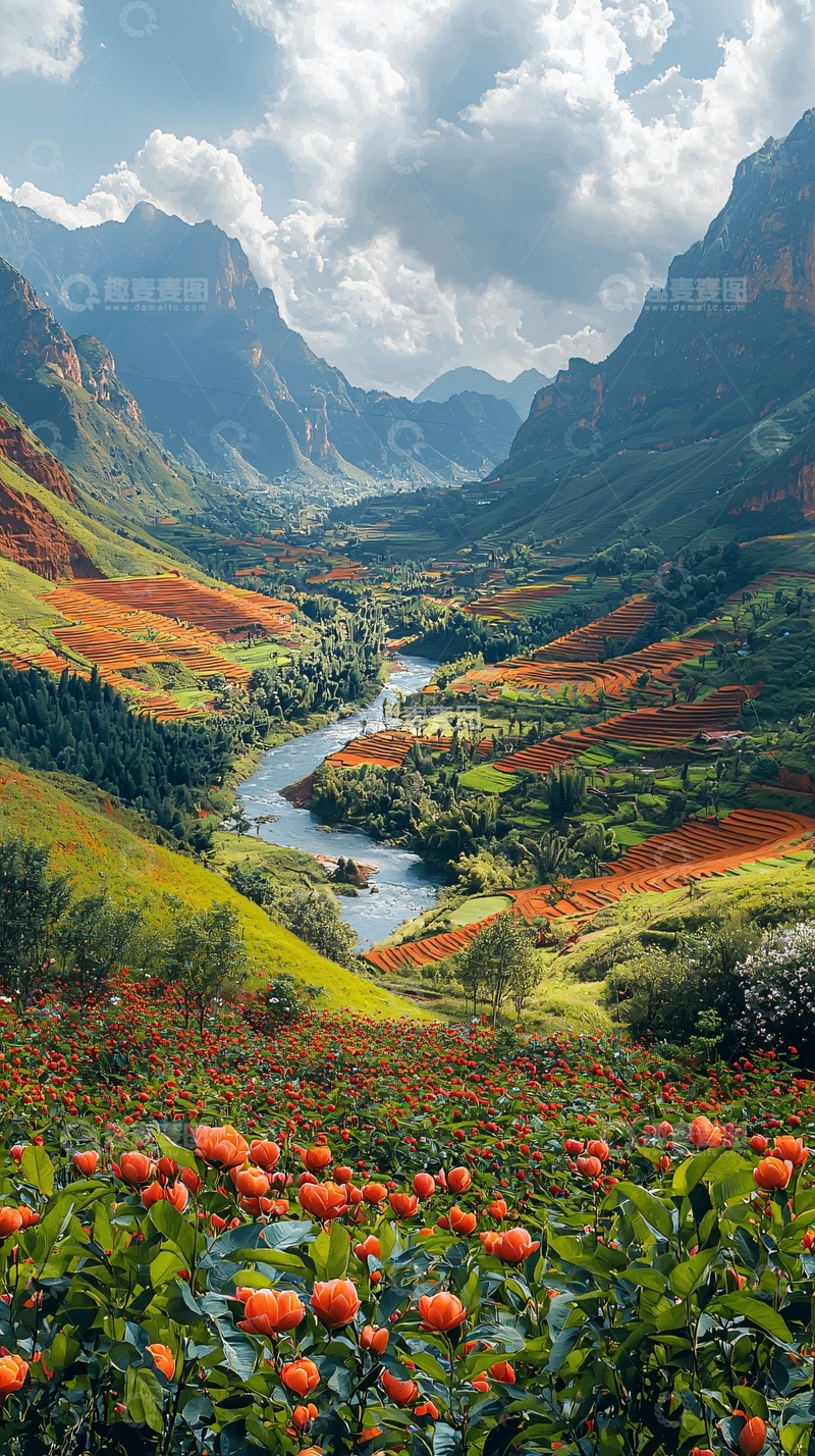 高清大图下载【趣麦麦图】山谷河流鲜花草地