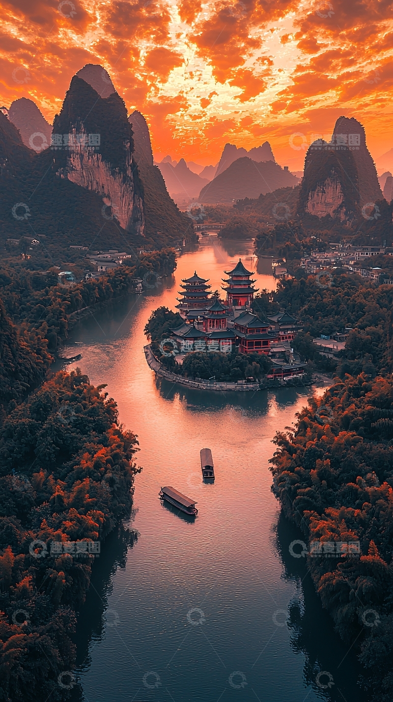 高清大图下载【趣麦麦图】桂林山水日落晚霞