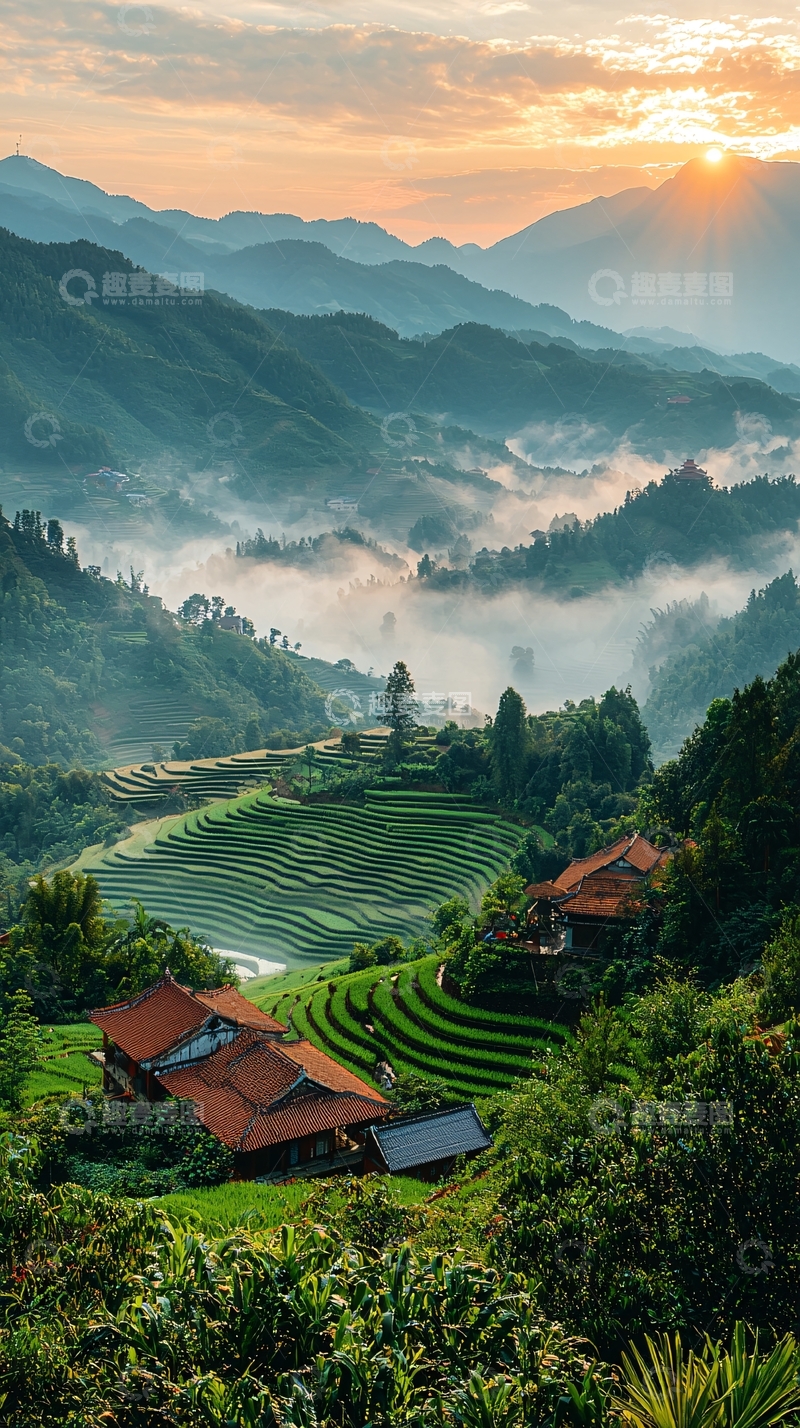 高清大图下载【趣麦麦图】梯田村庄云雾缭绕山间日出