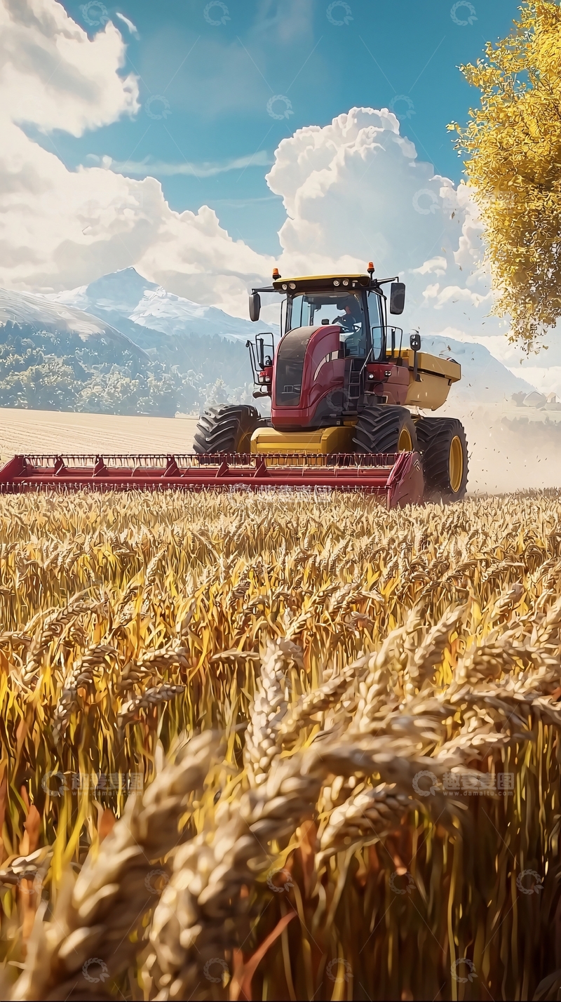 高清大图下载【趣麦麦图】秋收时节金色麦田里的红色拖拉机