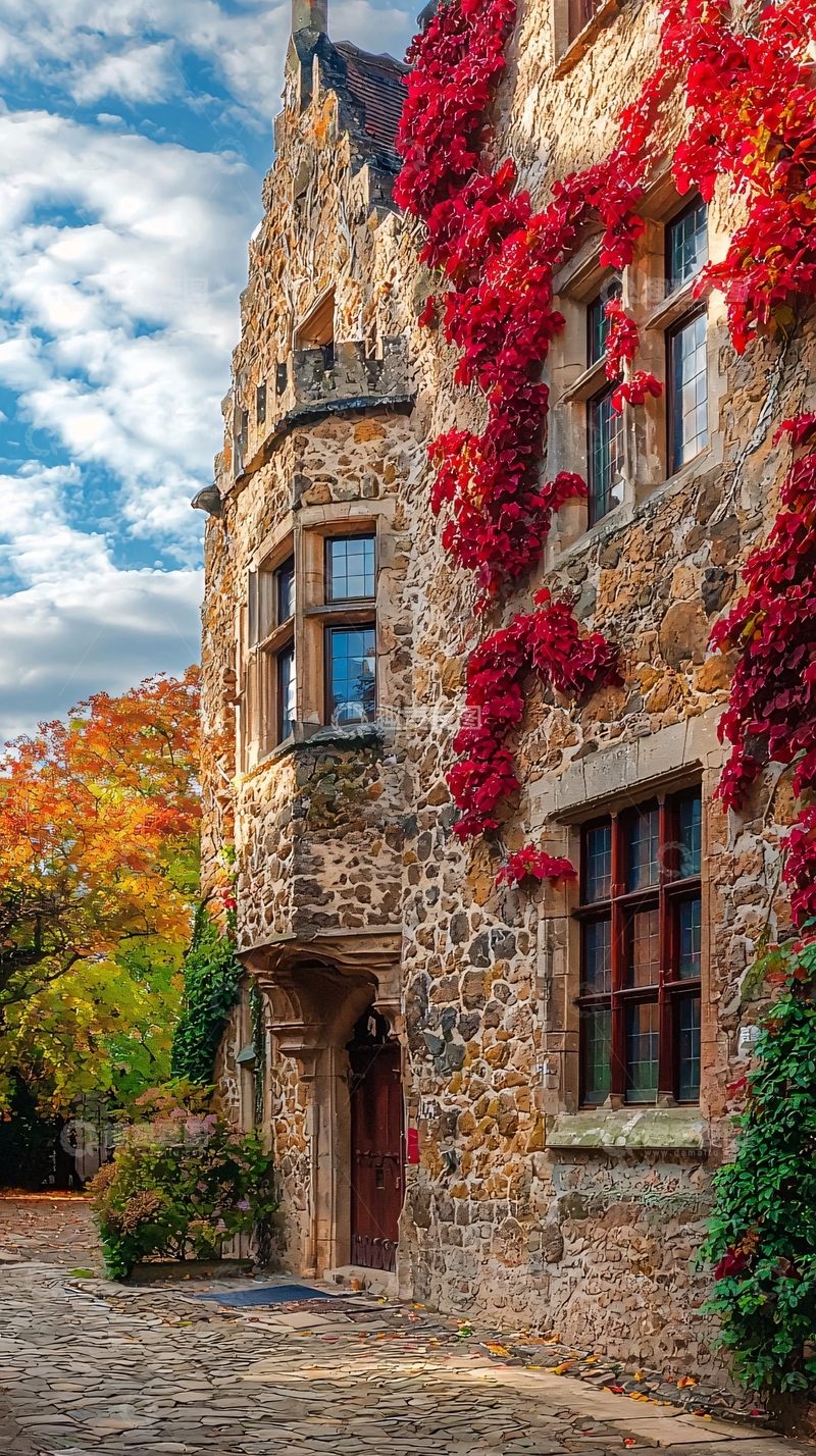 高清大图下载【趣麦麦图】秋日红叶爬墙老宅