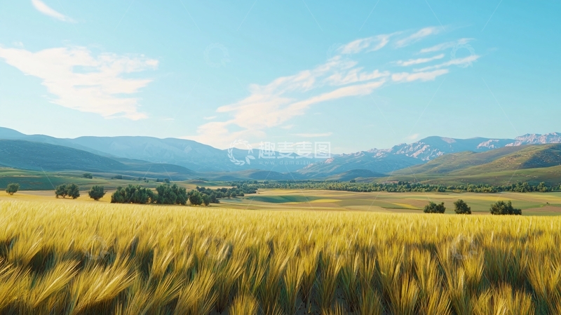 高清大图下载【趣麦麦图】金黄麦田山峦景色