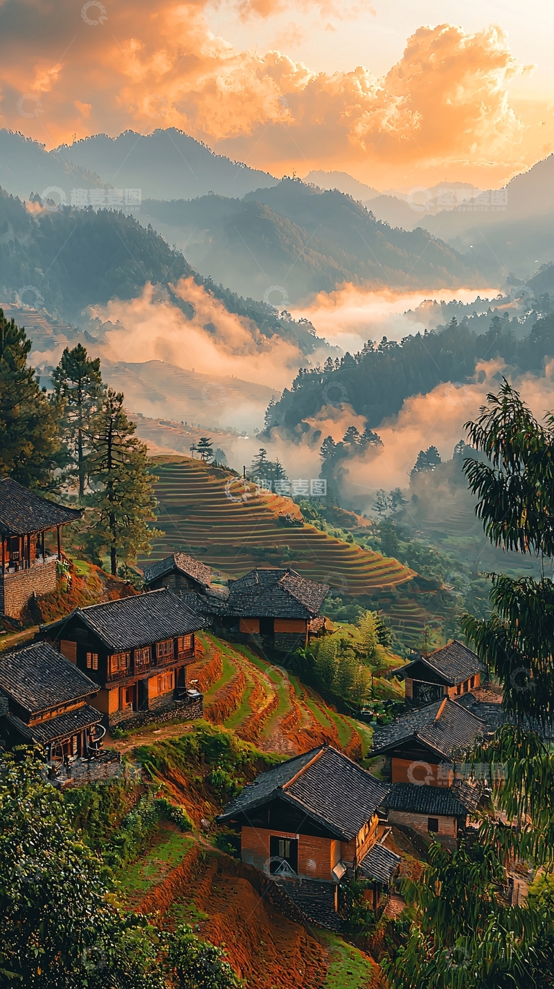 高清大图下载【趣麦麦图】美丽山间村落日出时分