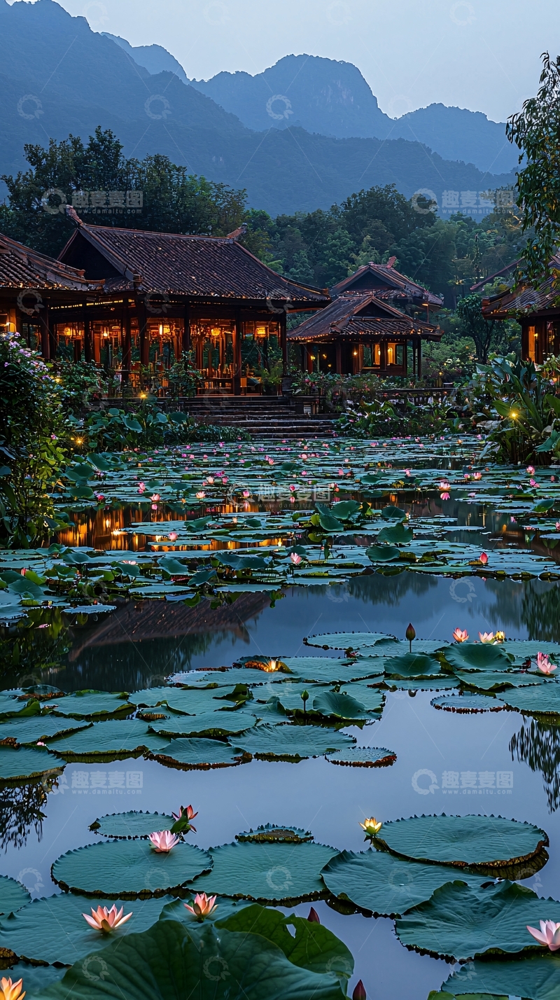 高清大图下载【趣麦麦图】夜幕下的中式庭院莲花池