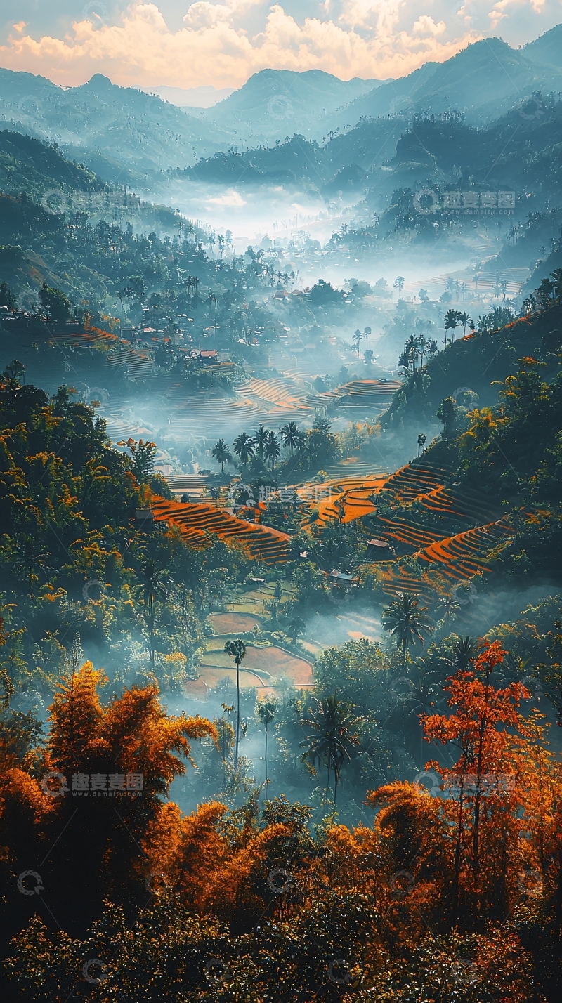高清大图下载【趣麦麦图】雾气缭绕的山谷田园
