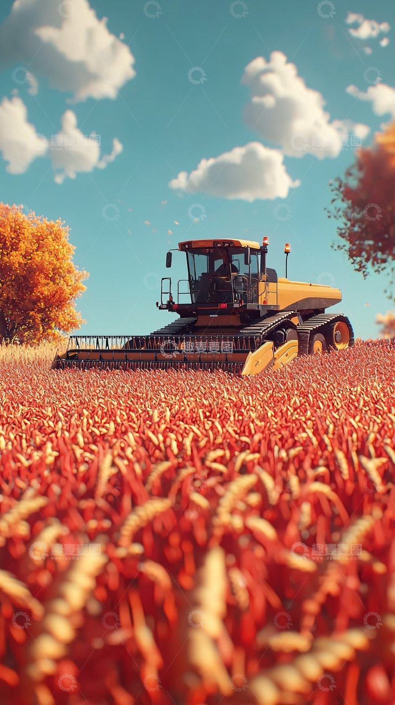 高清大图下载【趣麦麦图】秋日田野里收割机作业