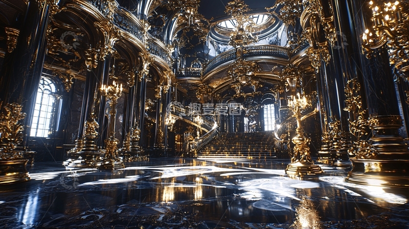 高清大图下载【趣麦麦图】奢华黑色金色宫殿内部