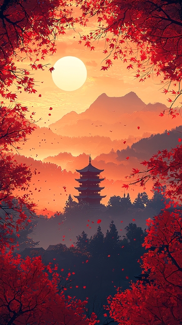 秋日红叶下的宝塔