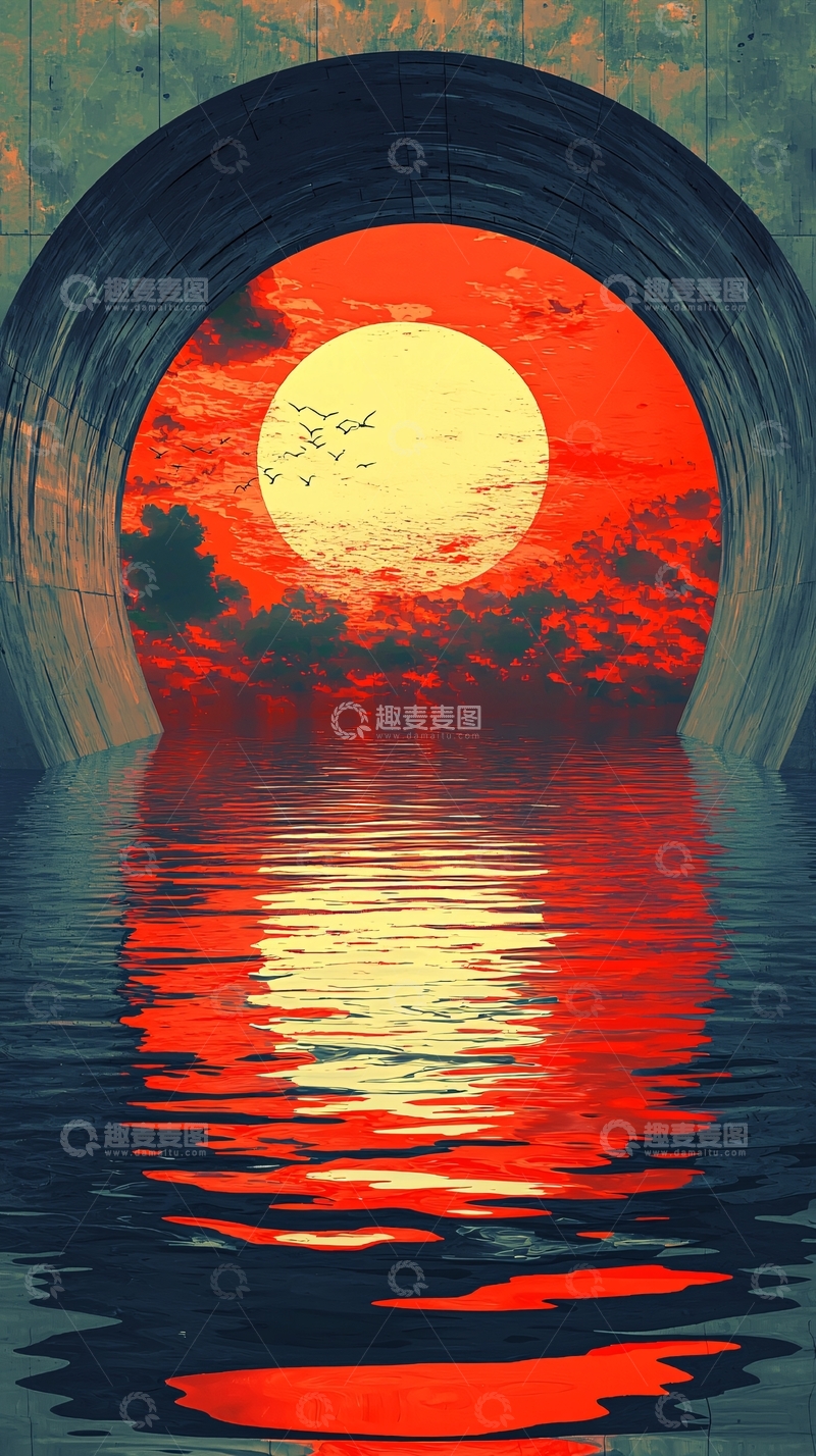 高清大图下载【趣麦麦图】圆形拱门里的日落美景