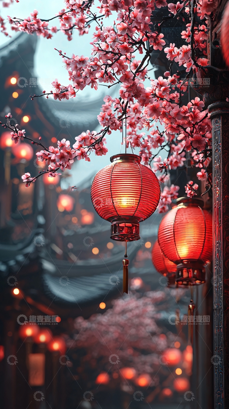 高清大图下载【趣麦麦图】古风街景灯笼樱花