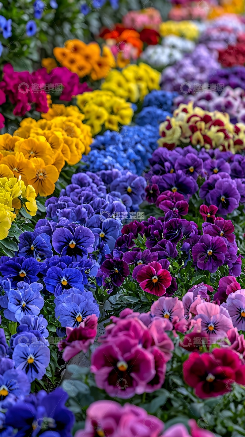 高清大图下载【趣麦麦图】彩虹般颜色的三色堇花田