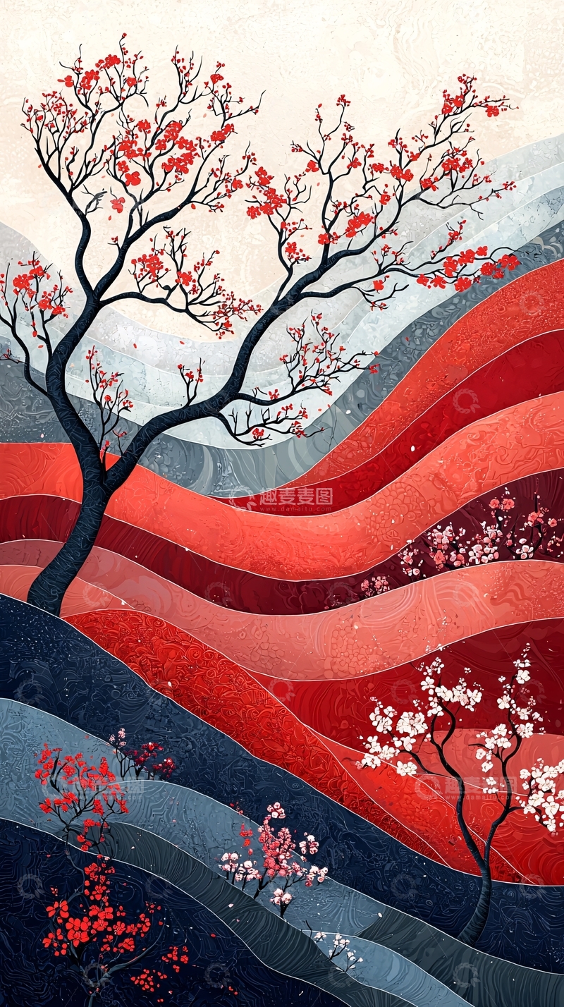 高清大图下载【趣麦麦图】抽象樱花树红色山丘