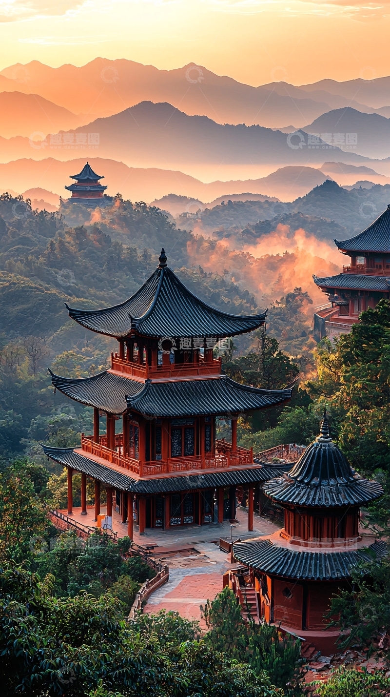 高清大图下载【趣麦麦图】日出山峦间古色古香的寺庙