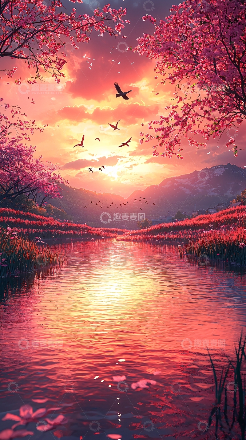 高清大图下载【趣麦麦图】唯美日落河流飞鸟图