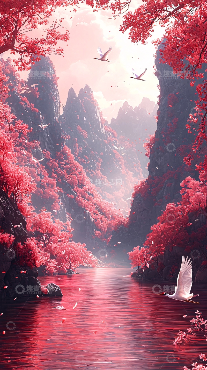 高清大图下载【趣麦麦图】粉色山谷河流仙鹤