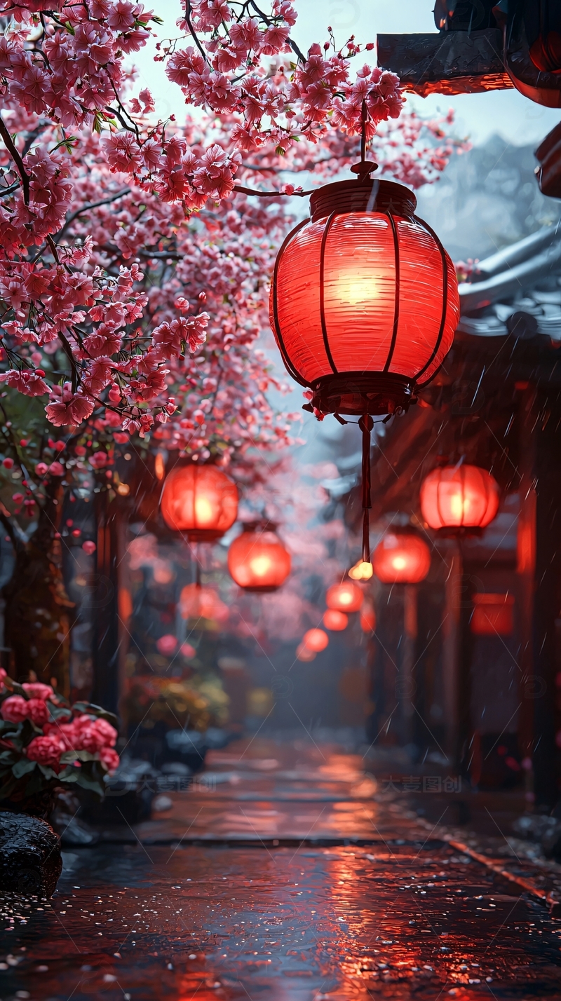 高清大图下载【趣麦麦图】樱花树下红灯笼小路