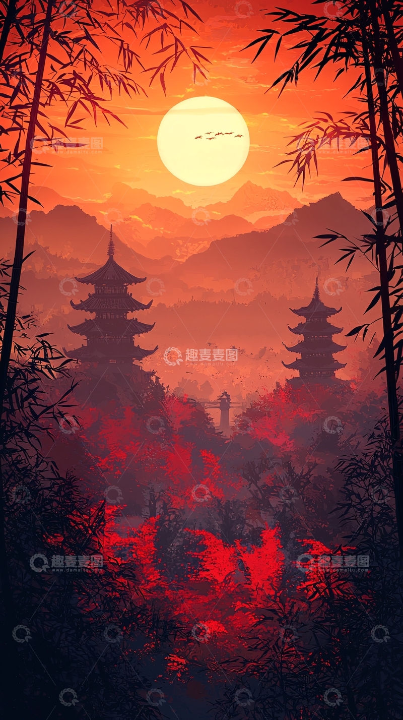高清大图下载【趣麦麦图】日落山景寺庙竹林