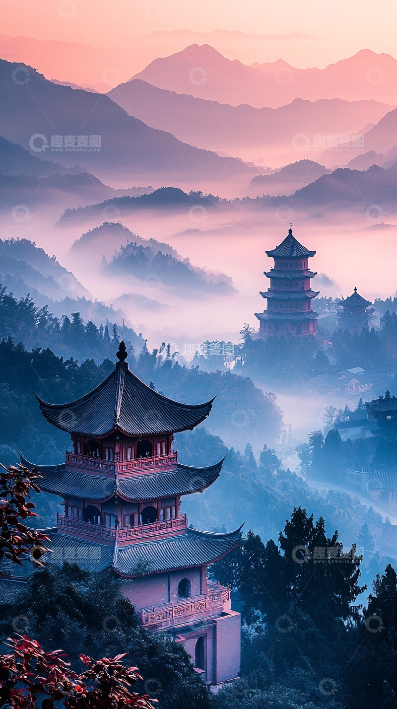 高清大图下载【趣麦麦图】仙境般中国古塔山峦图