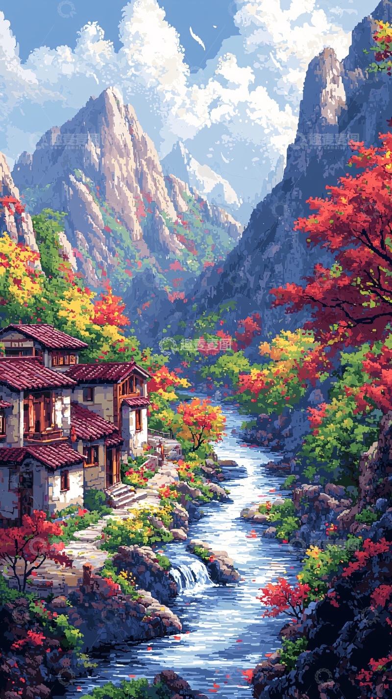 高清大图下载【趣麦麦图】秋日山谷溪流村庄