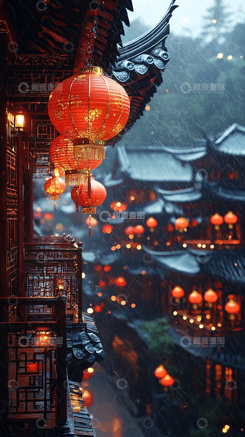 高清大图下载【趣麦麦图】雨中红灯笼点亮的古镇夜景