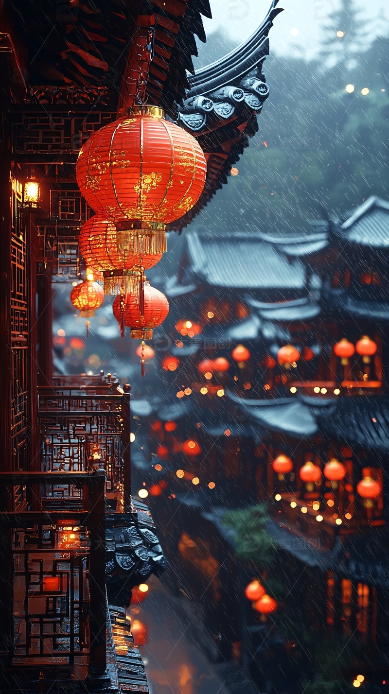 高清大图下载【趣麦麦图】雨中红灯笼点亮的古镇夜景