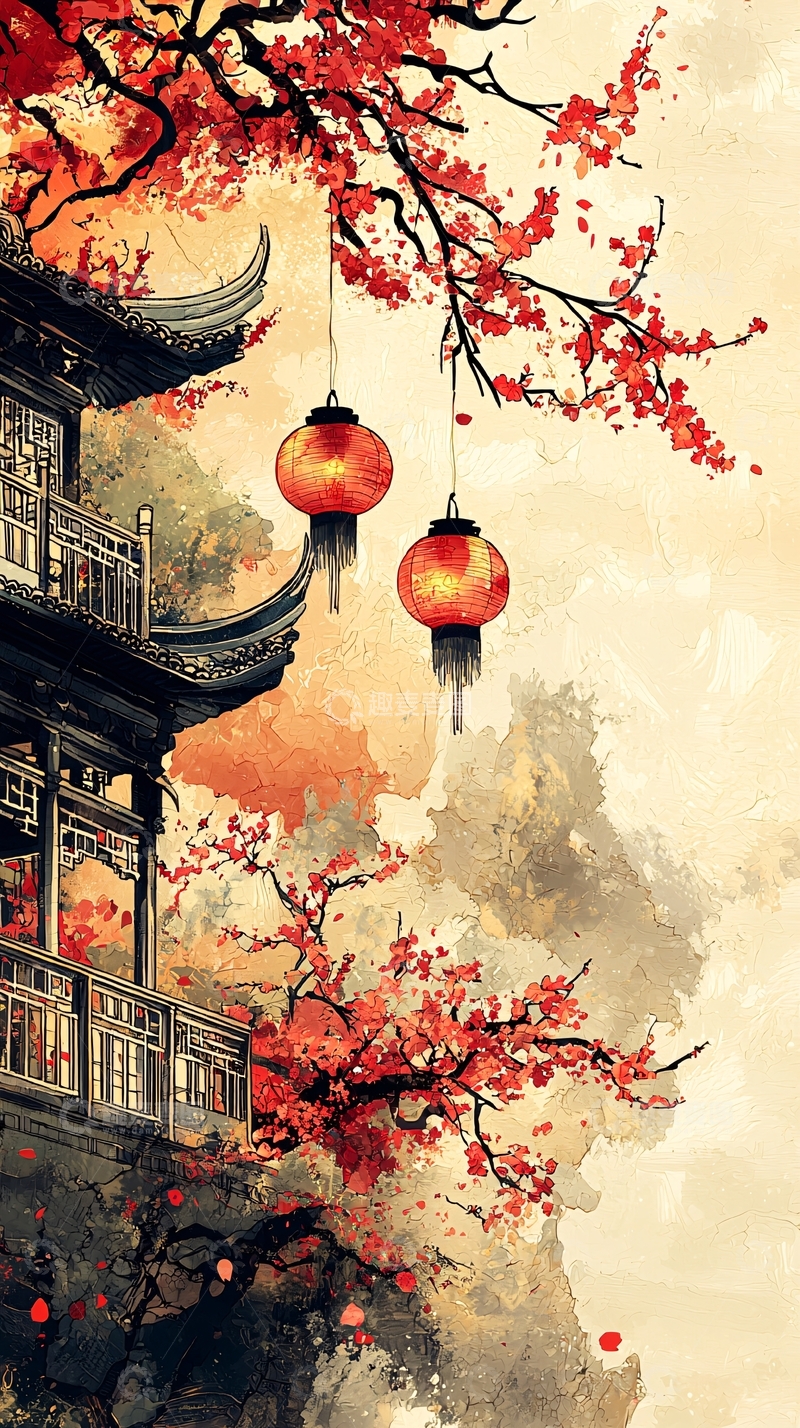高清大图下载【趣麦麦图】中国风古建筑红枫灯笼
