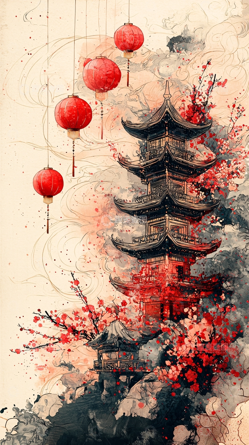 高清大图下载【趣麦麦图】水墨风塔楼红灯笼