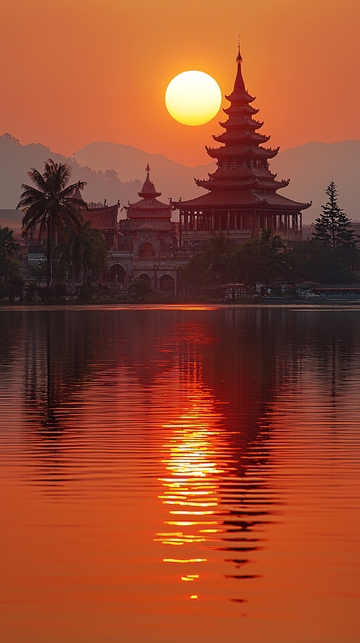 夕阳下的宝塔与湖面