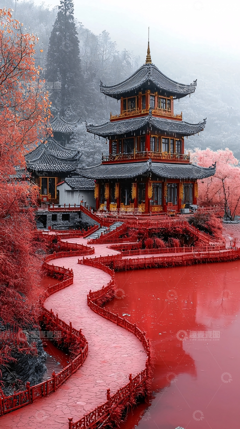 高清大图下载【趣麦麦图】红枫古寺水景