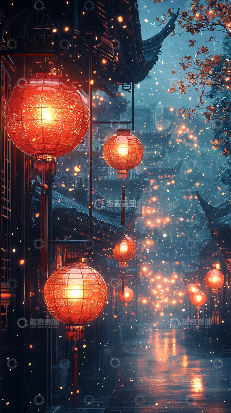 高清大图下载【趣麦麦图】夜幕下的红灯笼古镇