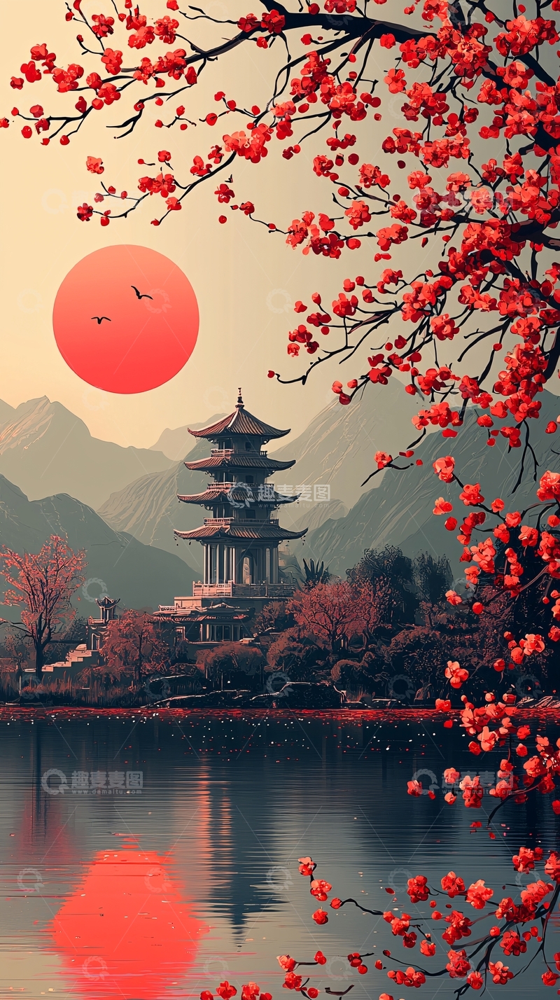 高清大图下载【趣麦麦图】日式夕阳下的宝塔