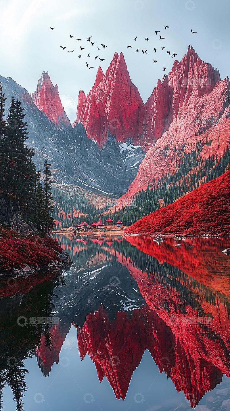 高清大图下载【趣麦麦图】红色山峰湖面倒影