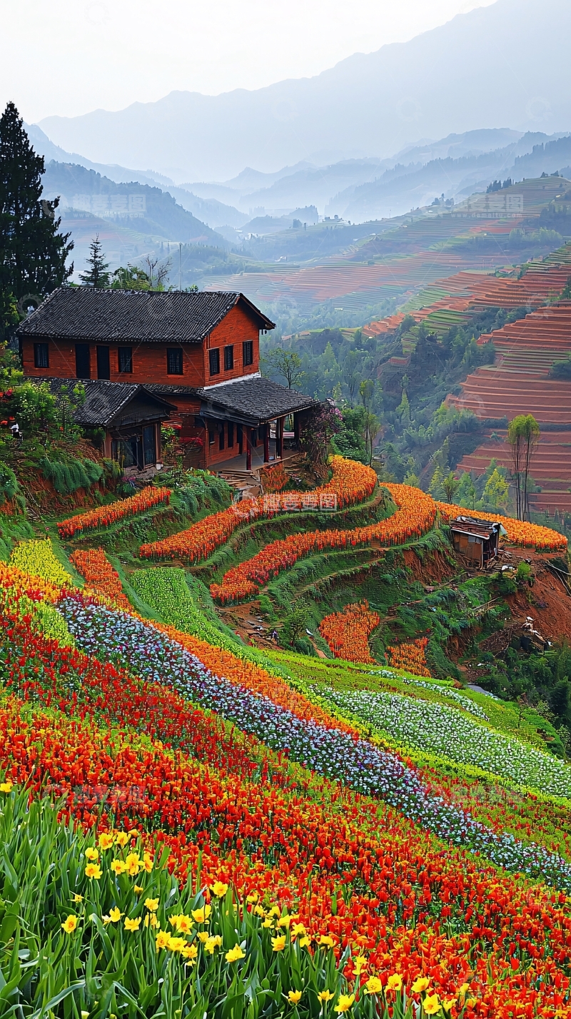 高清大图下载【趣麦麦图】梯田上的房屋